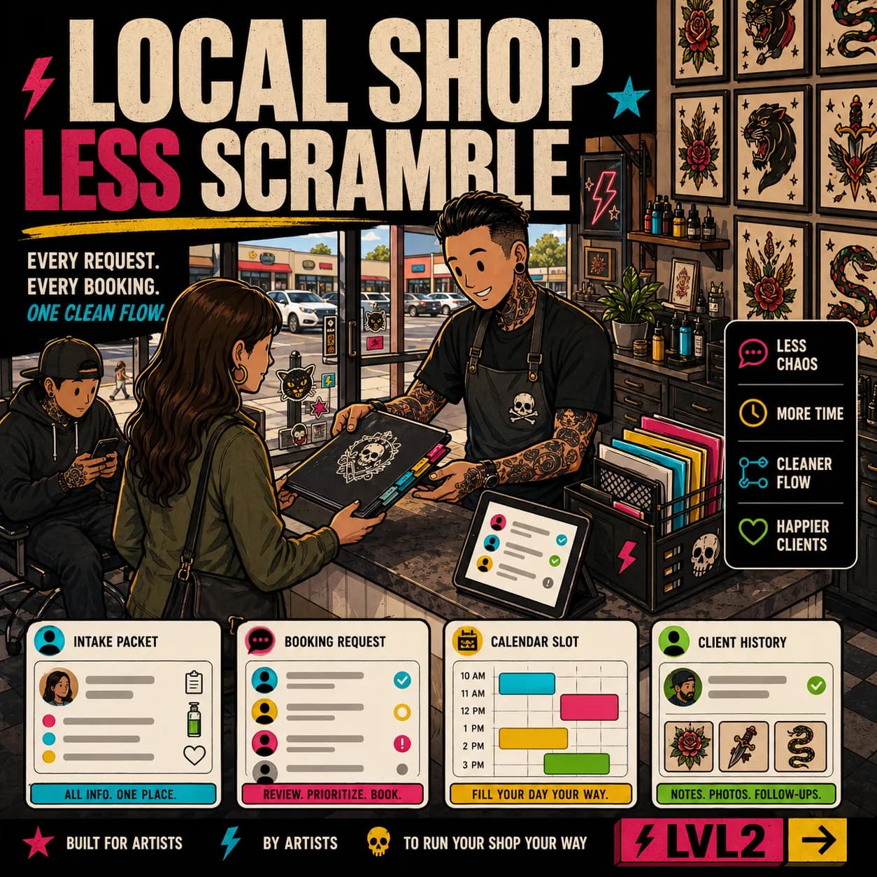 Square LVL2 campaign art showing a Midwest counter with intake cards