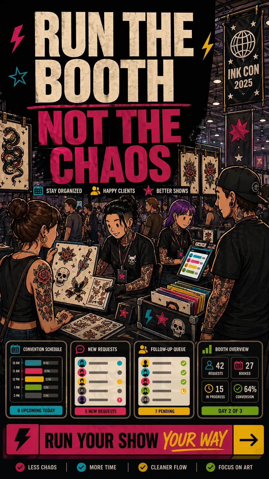 Vertical LVL2 campaign art showing a convention check-in flow