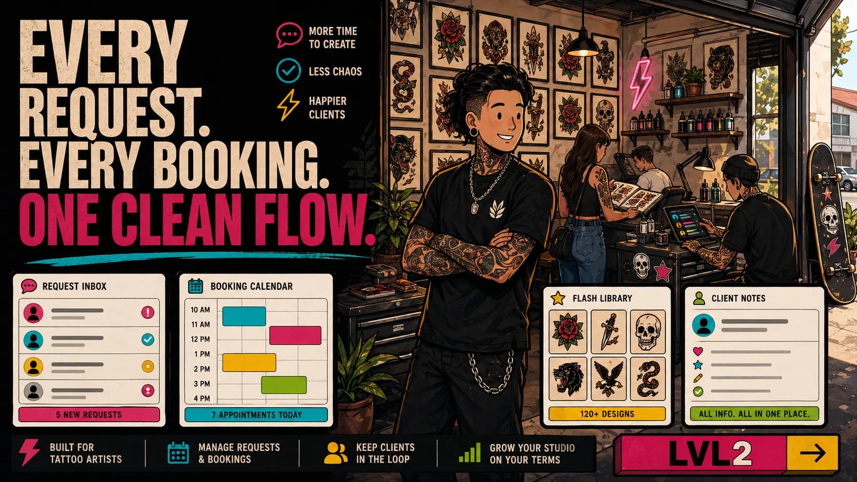 LVL2 campaign art showing a west coast studio with request and notes modules