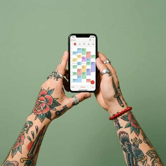 Organized tattoo artist desk with calendar and sketches