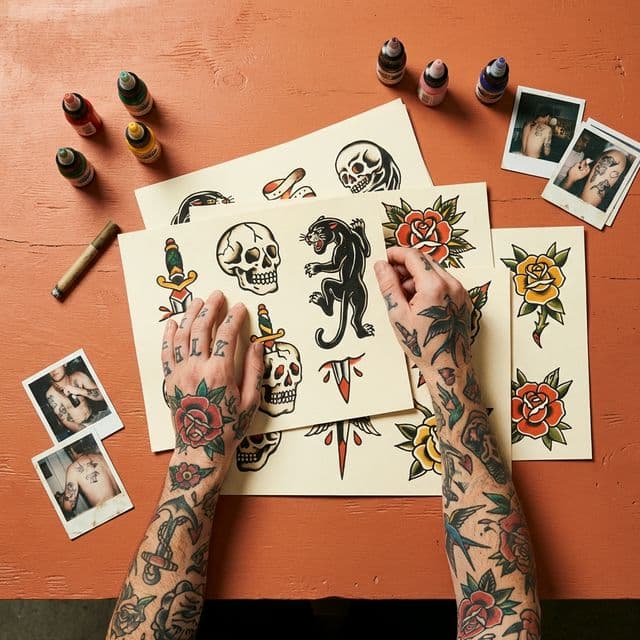 Gallery wall of framed tattoo flash sheets in various styles