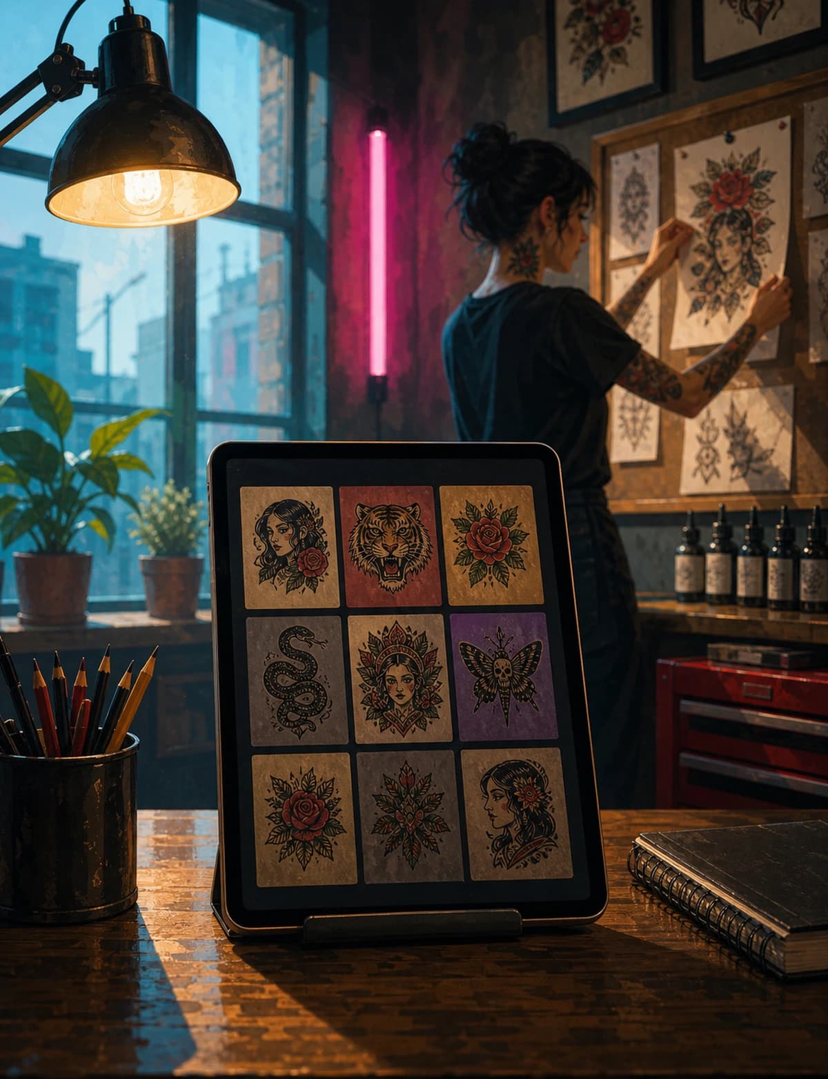 Gallery wall of framed tattoo flash sheets in various styles