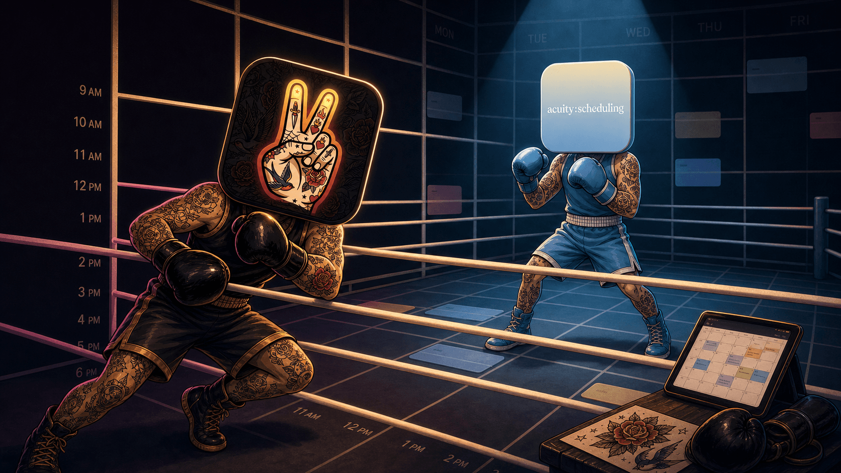 CREW.INK's tattoo-shop boxer facing Acuity's boxer in the ring