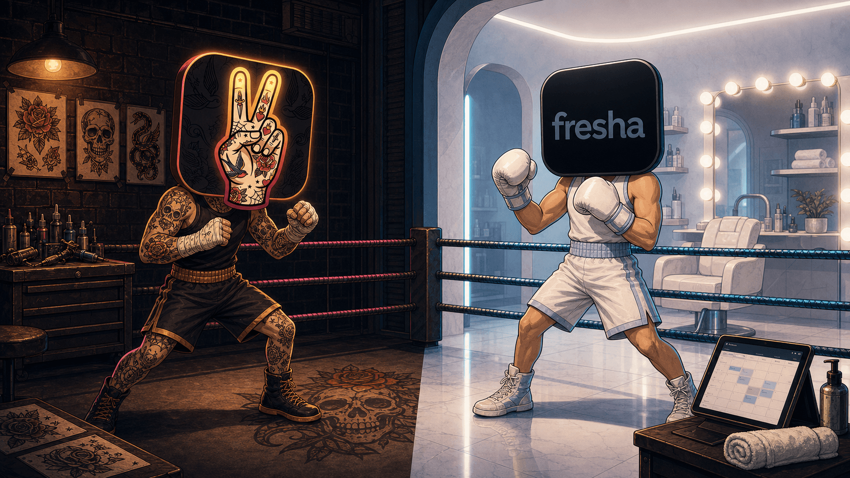 CREW.INK's tattoo-shop boxer facing Fresha's boxer in the ring