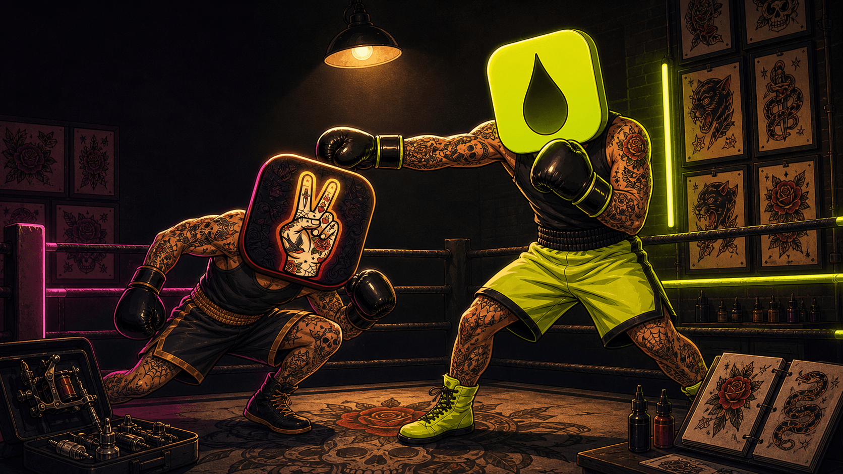 CREW.INK's tattoo-shop boxer facing Venue Ink's boxer in the ring