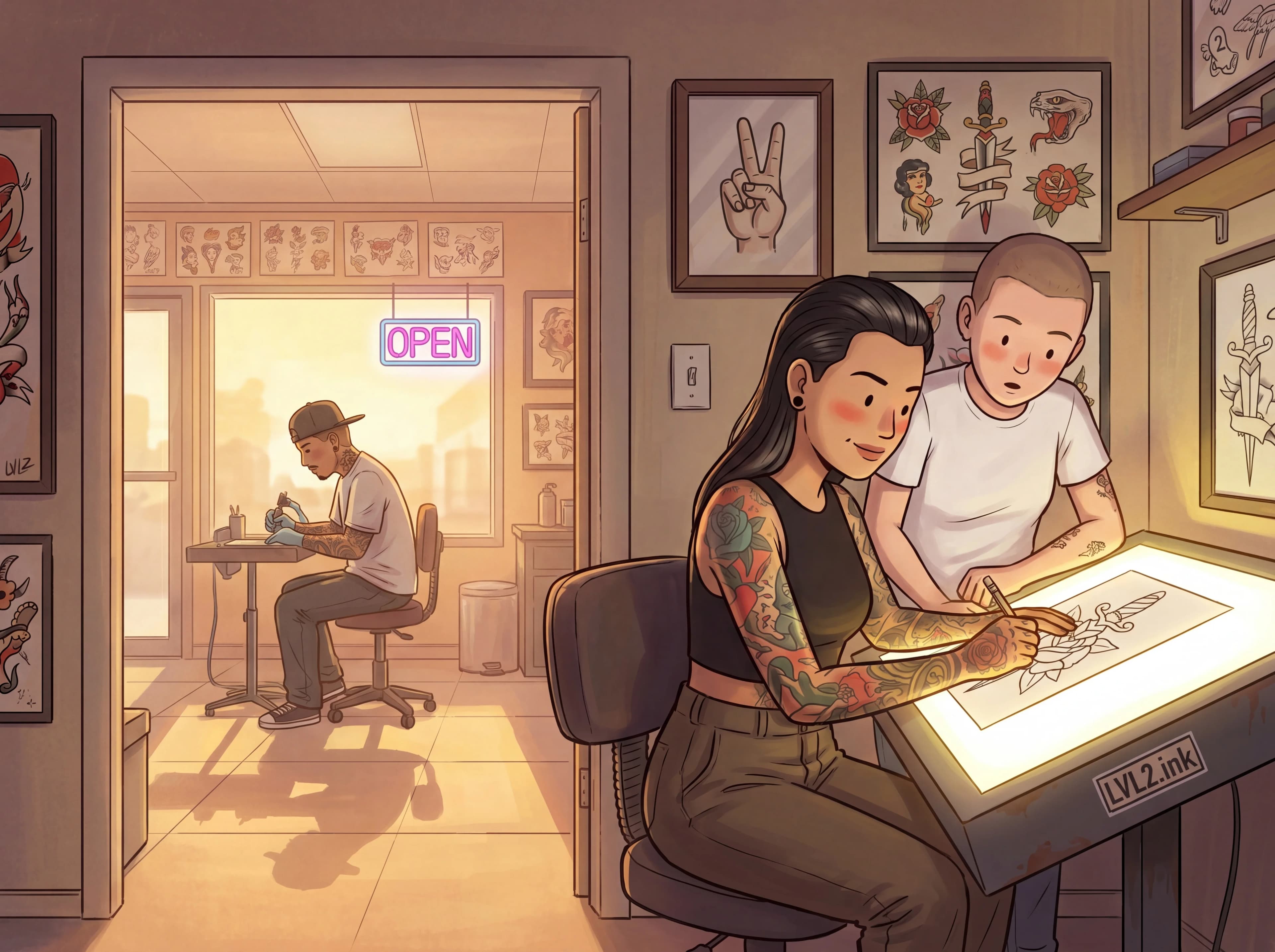 Tattoo artist drawing at a light table before a client session
