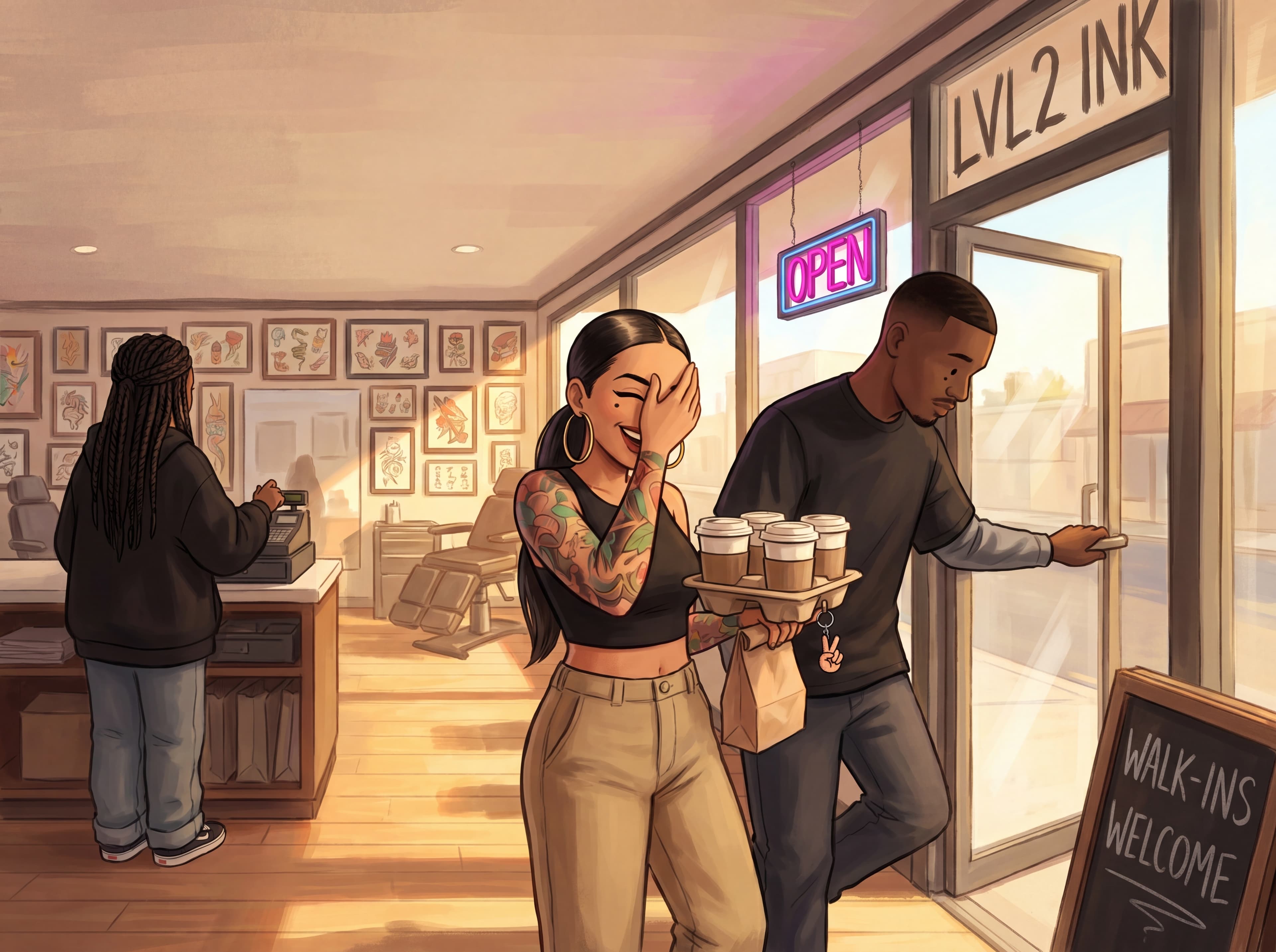 Morning tattoo shop opening scene with coffee and appointment prep
