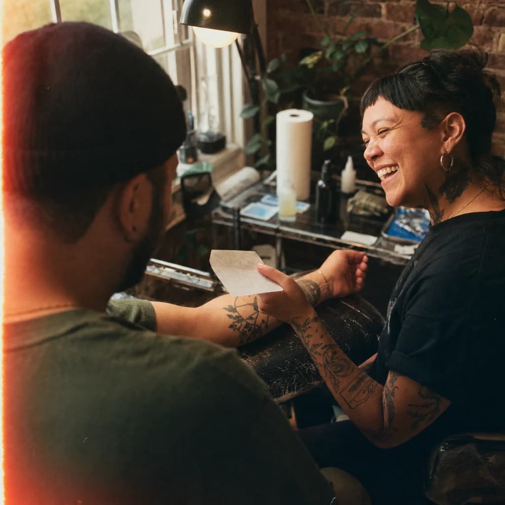 A tattoo artist planning a sleeve with a client at the shop counter