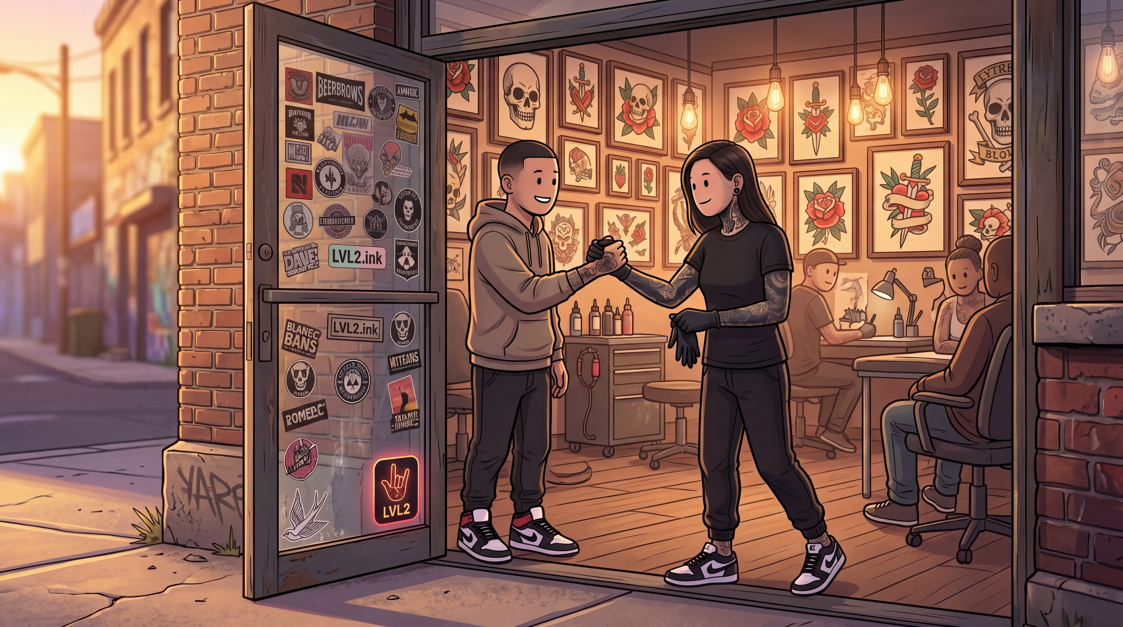 Tattoo shop window scene with artists greeting a client