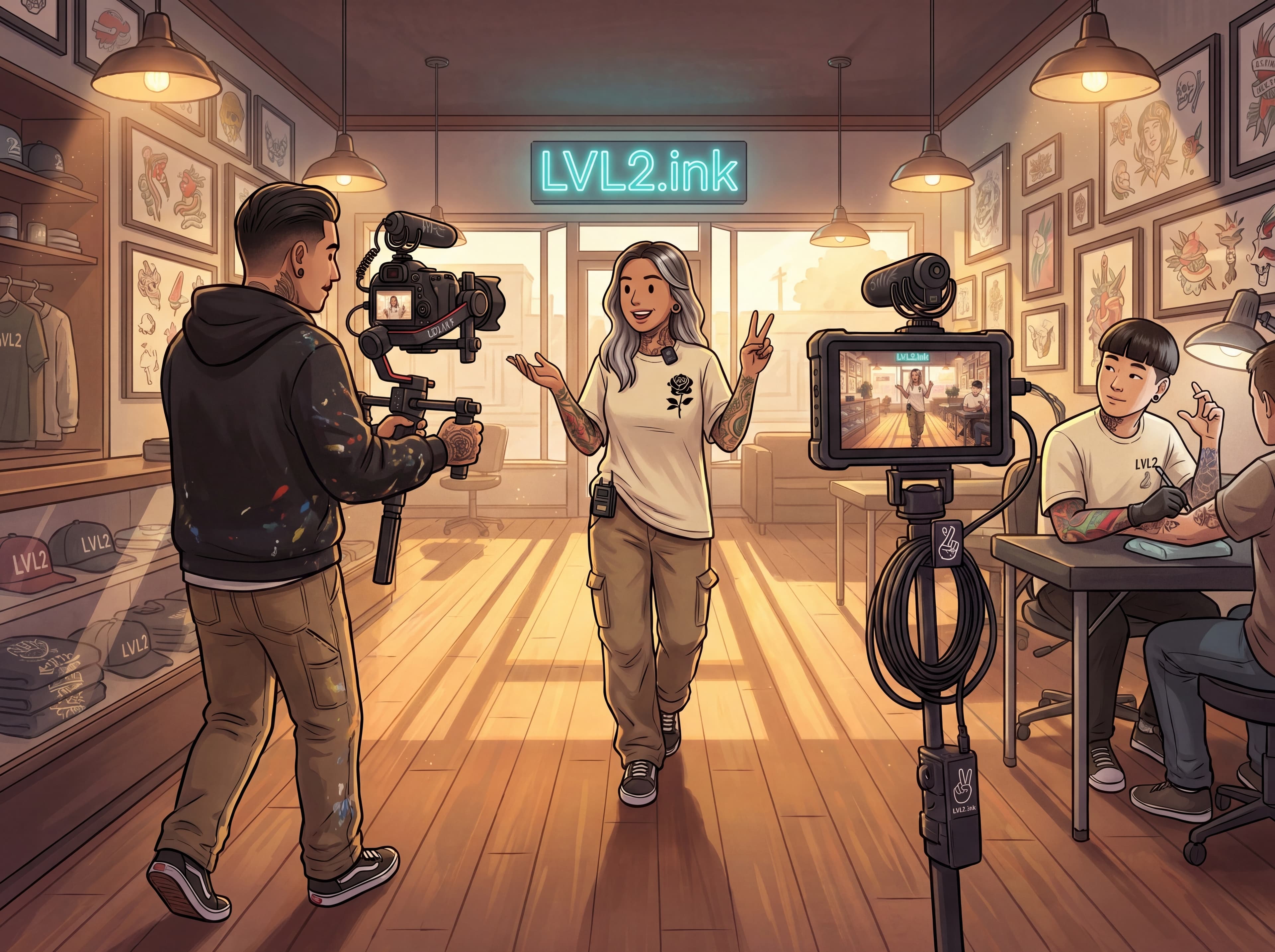Video creator filming a tattoo shop tour with artists