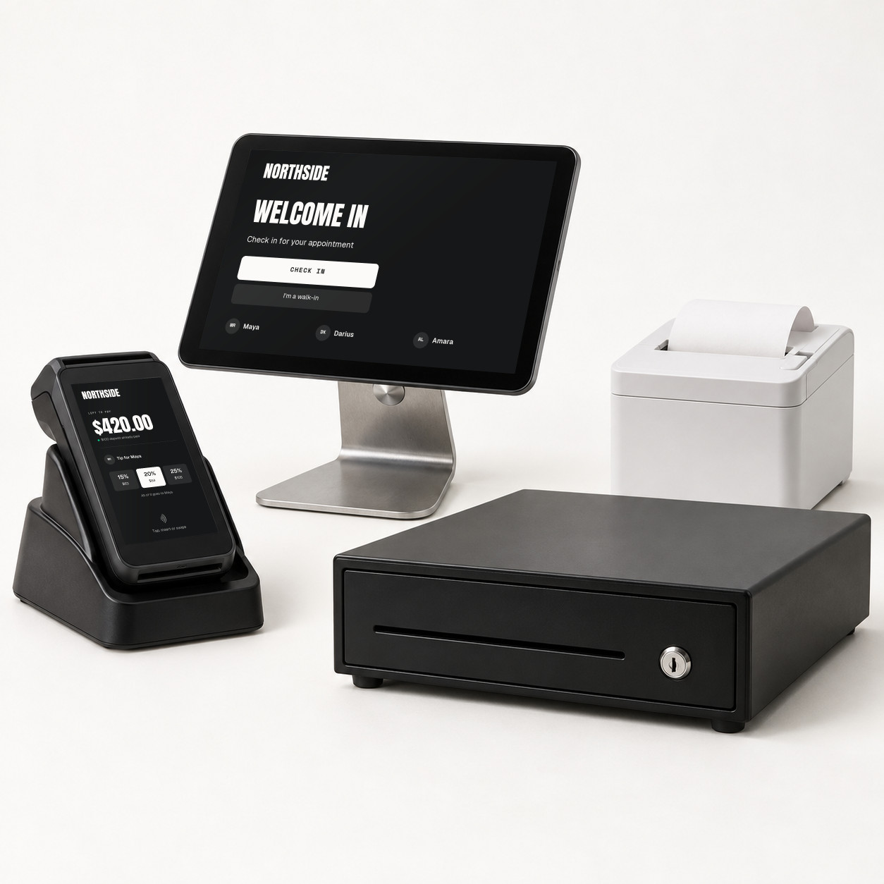 Terminal in its dock, check-in tablet, receipt printer and cash drawer