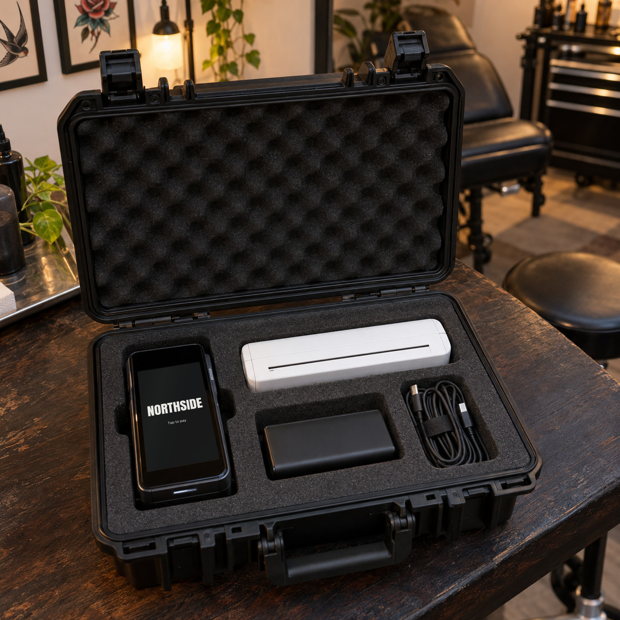 Travel case with terminal, stencil printer and battery