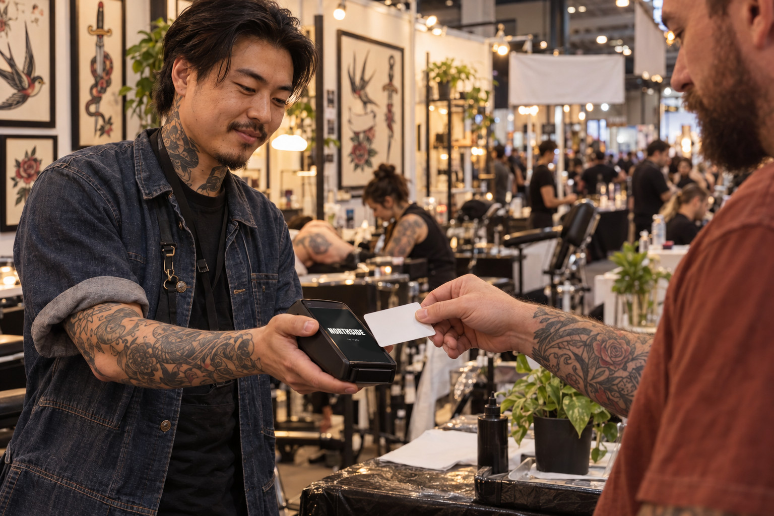 An artist holds out a Northside terminal and a client taps a card at a convention booth