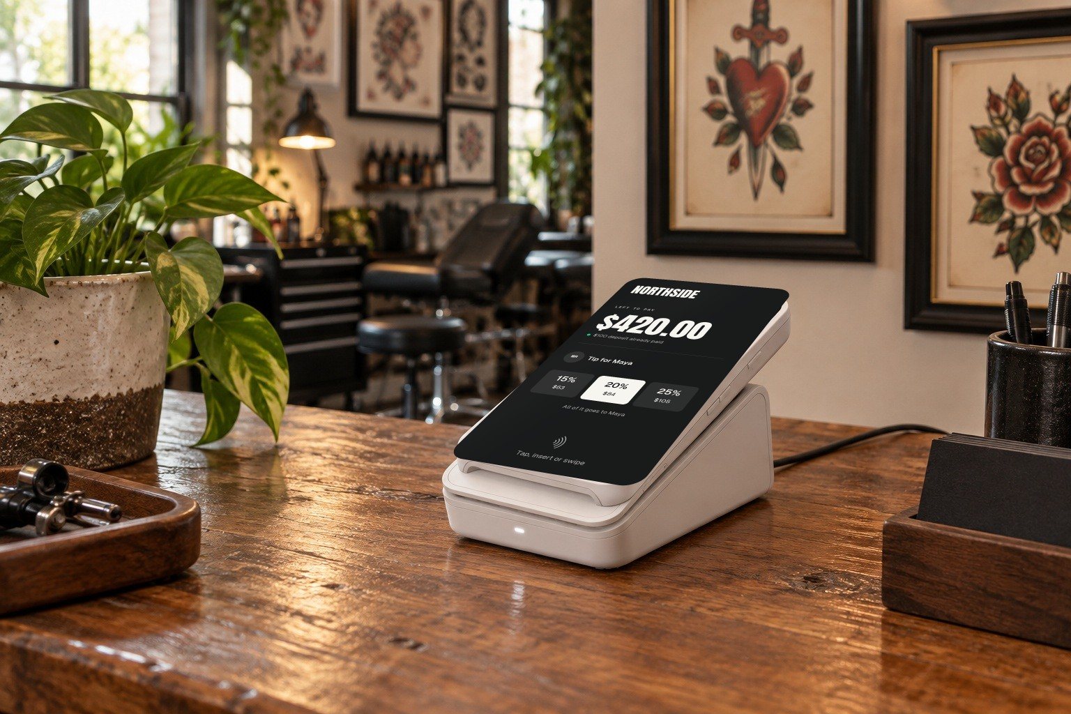 A white docked terminal shows Northside checkout on a wooden counter