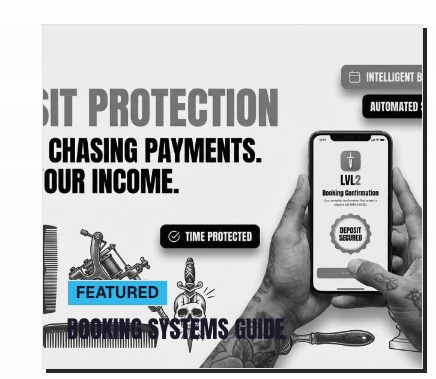 LVL2 deposit protection booking graphic with tattoo tools, phone checkout, and protected-income messaging.