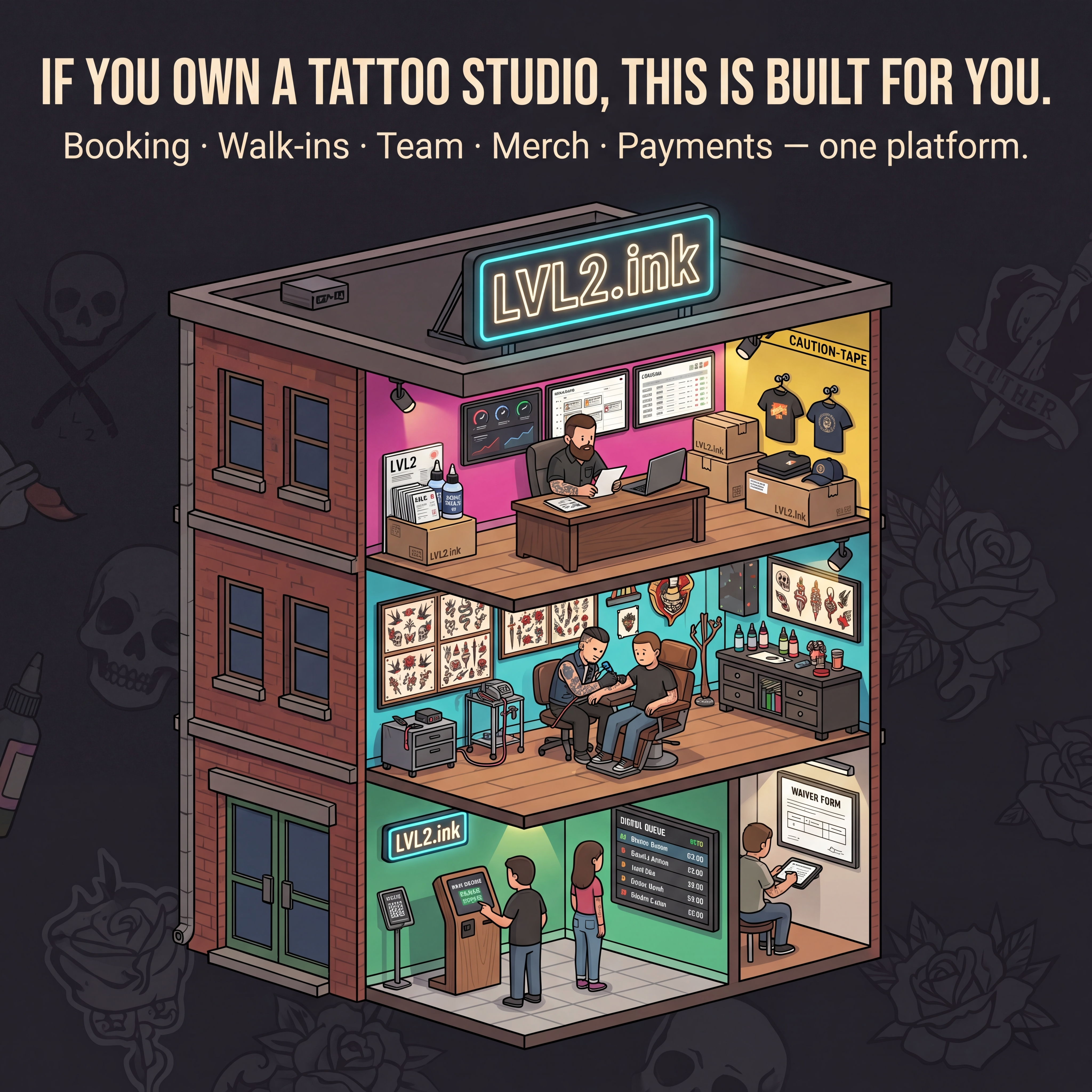 LVL2 illustrated shop stack with booking, walk-ins, team, merch, and payments