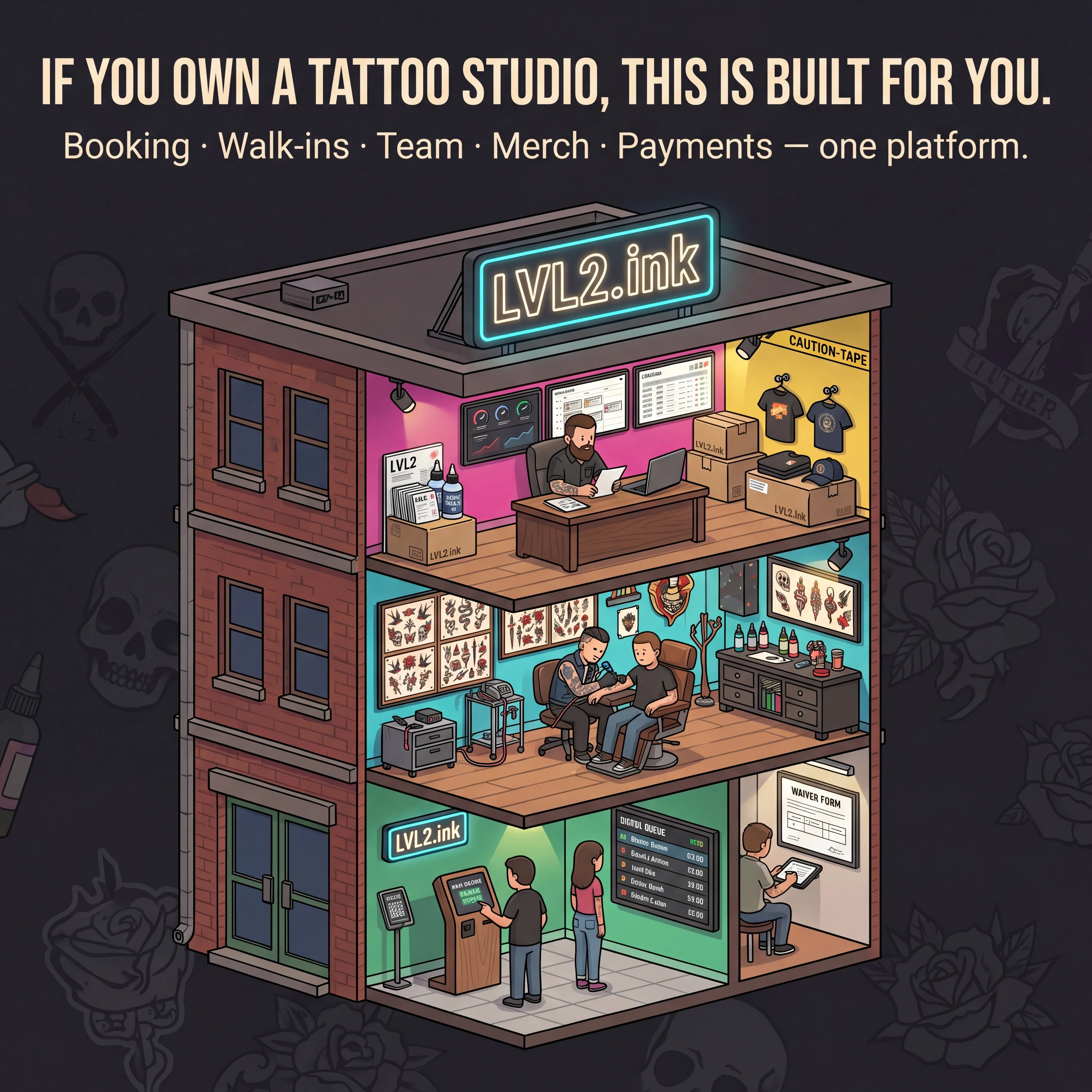 LVL2 illustrated shop stack with booking, walk-ins, team, merch, and payments