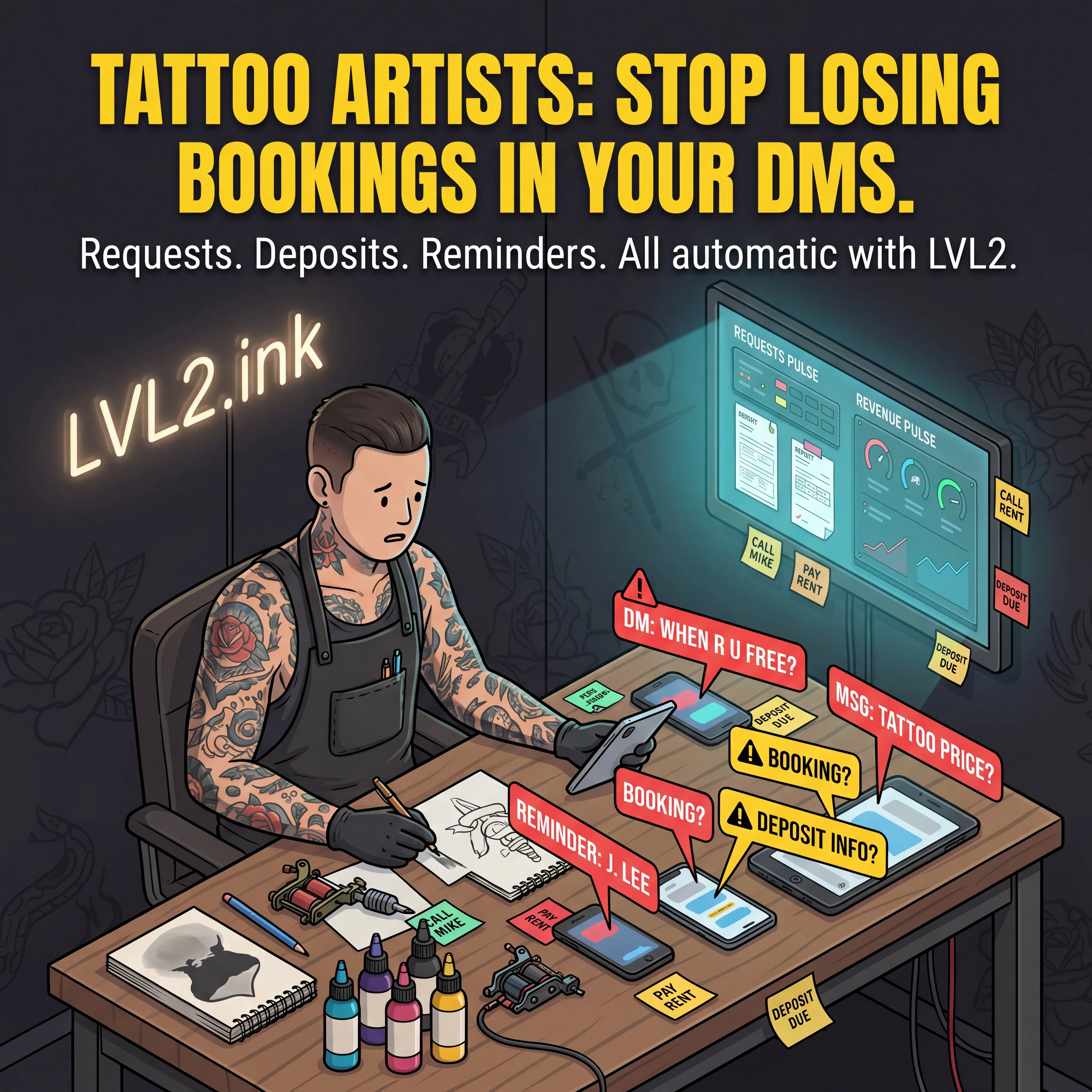 LVL2 no-show prevention illustration for tattoo artists