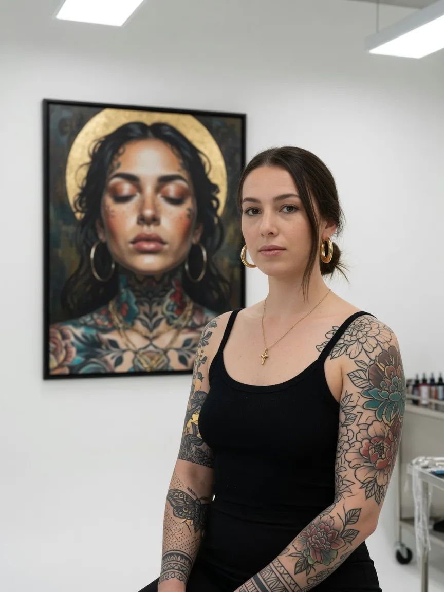 Portrait of Maya Lin, a tattoo artist working on LVL2